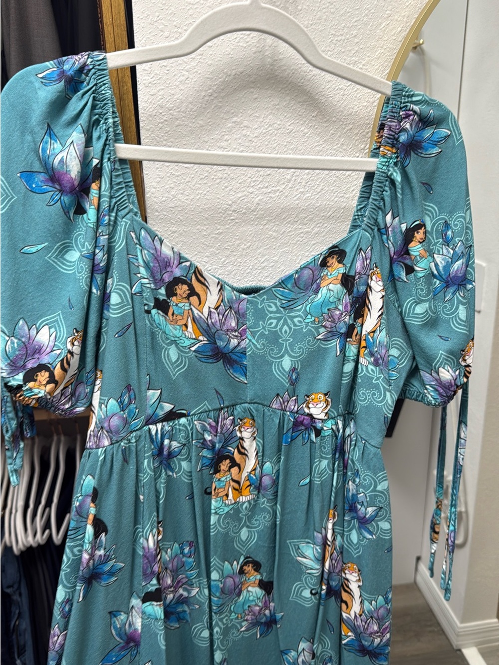 Disney Princess, Jasmine Teal Floral Midi Dress with Puff Sleeves